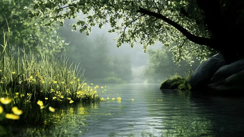 Sunlit forest river drifts quietly beneath arching green boughs