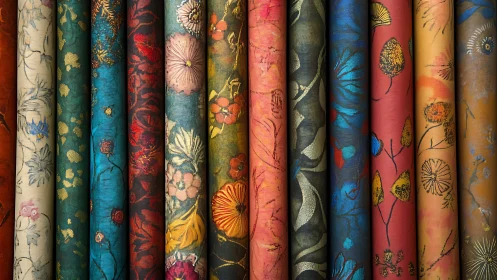 Rolled floral textiles stand upright in tightly packed row