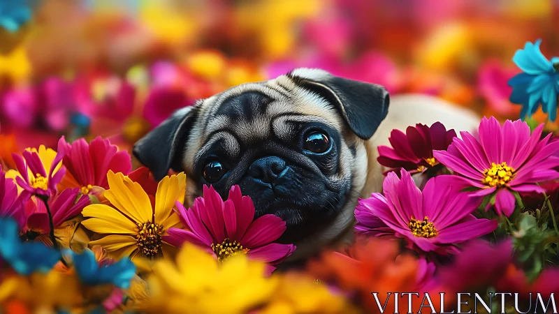 Pug surrounded by vibrant daisy flowers in garden setting.