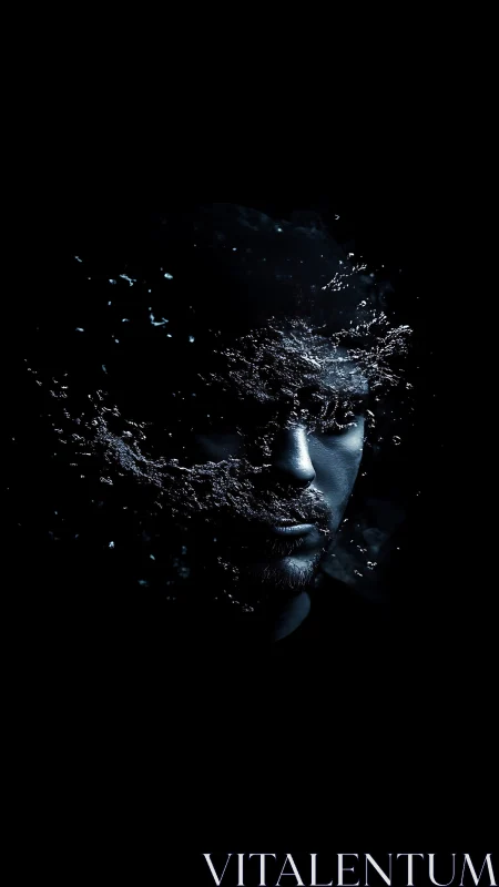 Quiet face in the dark, softly dissolving into drifting light.