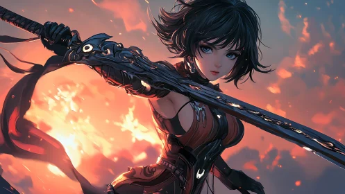 Fierce anime swordswoman framed by glowing sunset skies.