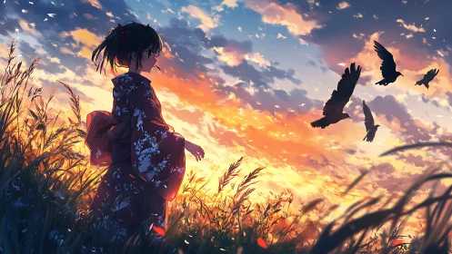 Anime sunset meadow scene with silhouetted kimono figure.