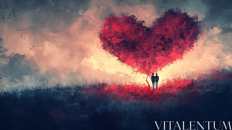 Two Figures Beneath Fractured Heart-Shaped Cloud Formation.