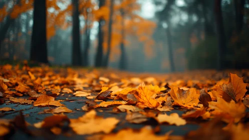 Shallow depth-of-field autumn leaves scattered across wet path