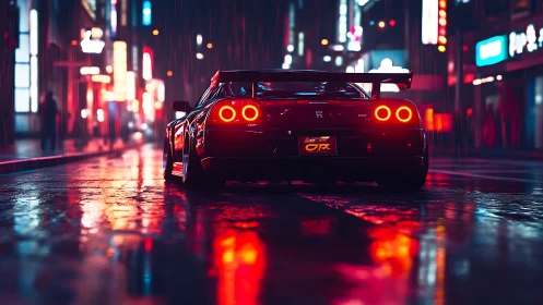 Rear-lit GT sports car in neon-soaked rainy urban street at night