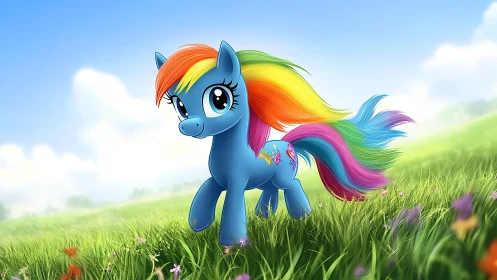 Rainbow-maned cartoon pony trots through a sunny meadow