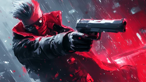 Cyberpunk gunman extends pistol through neon rainstorm.