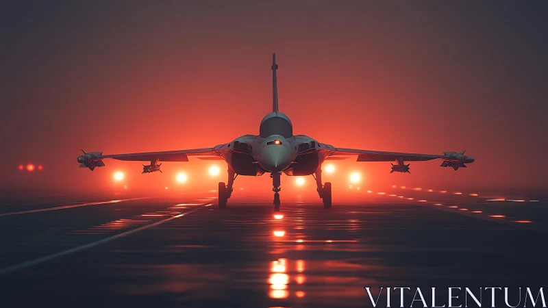 Military jet on runway at night with strong backlighting.