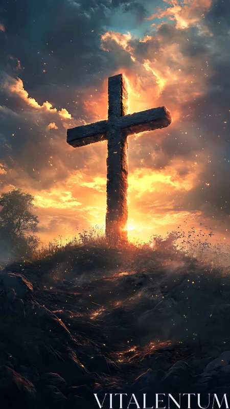 Stone cross crowns burning hill under blazing sunset sky