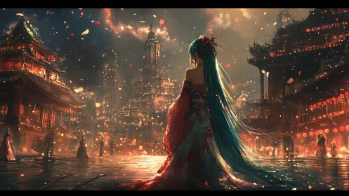 Woman in red kimono overlooks luminous night festival city