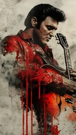 Guitarist in red jacket with grunge paint splatter effect.