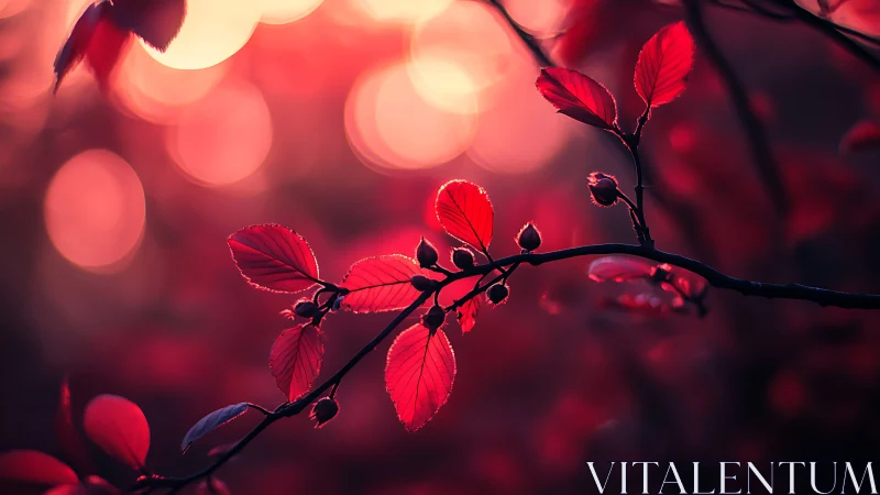 Red autumn leaves on branch in dreamy bokeh sunset photography.