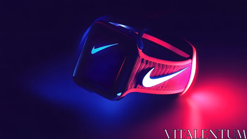 Nike smartwatch with glowing neon band in futuristic lighting.