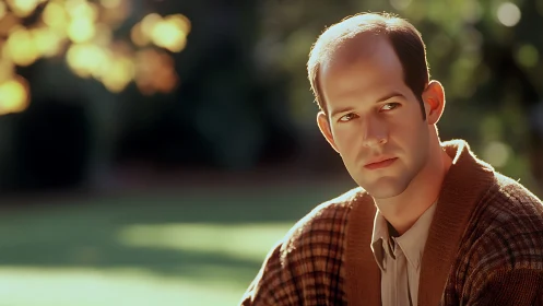 Soft autumn light studies a pensive man in warm knits