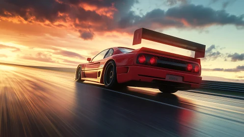 Red supercar slices wet racetrack under blazing sunset sky.