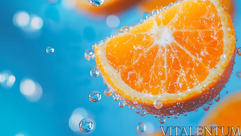 Vivid orange slice splashing in crisp blue water droplets.