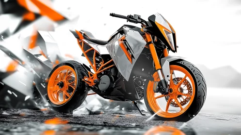 Angular orange street motorcycle rendered with high-contrast HDR lighting