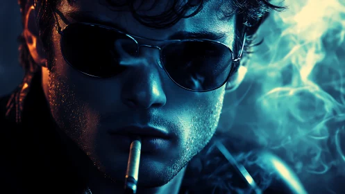 Smoldering portrait under teal neon rim light, smoke swirls.