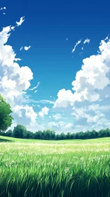 Sunlit meadow under towering cumulus clouds in anime style