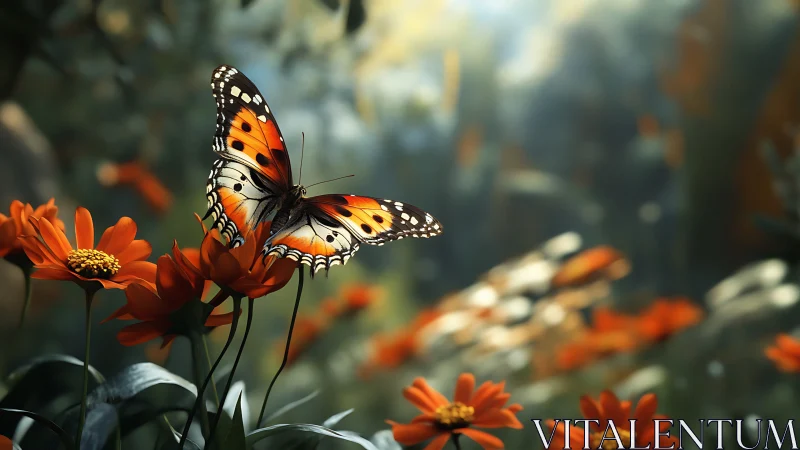 Monarch butterfly resting on orange wildflowers at sunrise.
