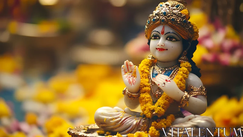 Gentle child deity statue offers calm blessings in flowers