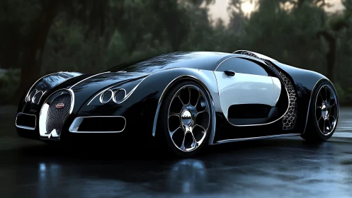 Photorealistic hypercar render, wet asphalt, bicolor bodywork
