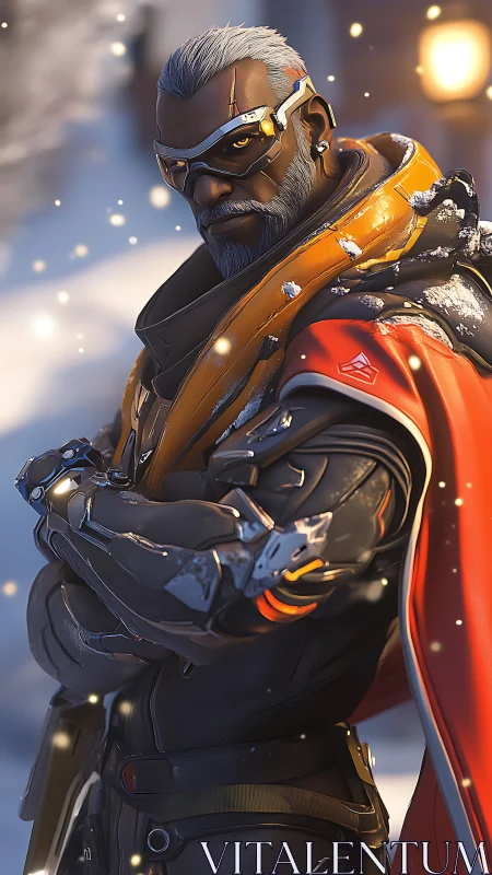 Armored futuristic soldier stands in snowy outdoor scene