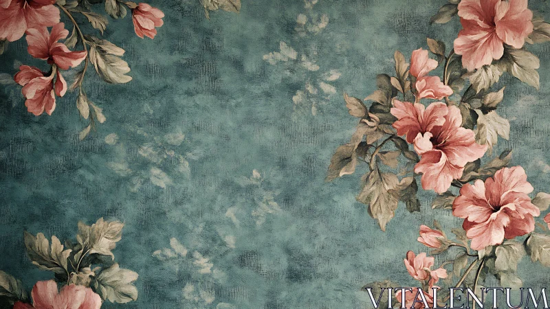Asymmetrical vintage floral pattern overlays textured teal ground