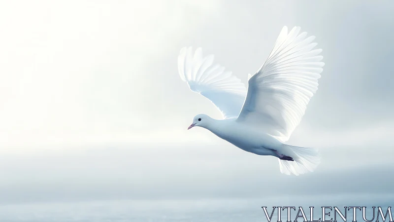 White Dove Soaring Against Serene Sky.