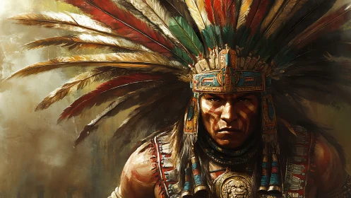 Warrior portrait in ornate feathered headdress, digital realism