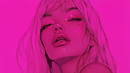 Neon pink glam portrait with glossy lips and attitude.