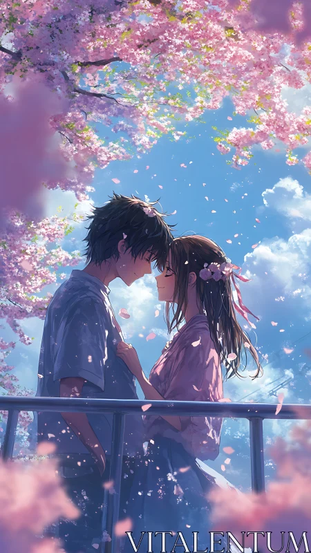 Romantic anime couple under pink cherry blossoms at dusk.