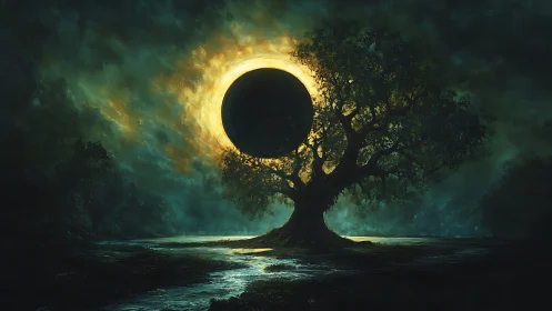 Eclipsed world tree crowns glowing horizon under storm sky.