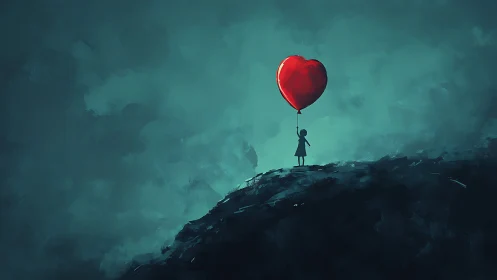 Silhouetted figure holding red heart-shaped balloon against teal sky