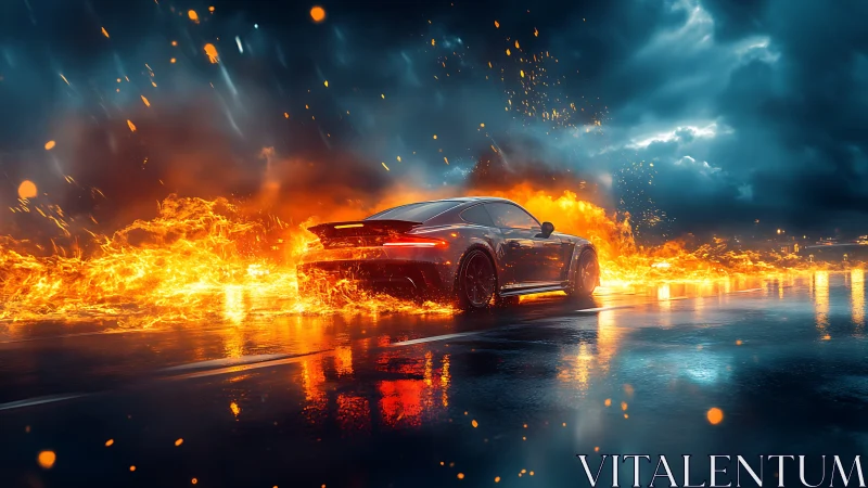 Sports Car Engulfed Flames Against Stormy Sky.
