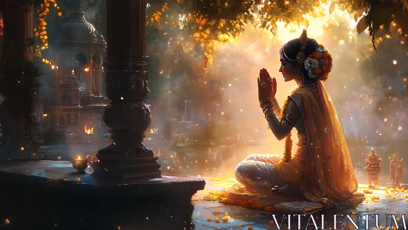 Sunlit temple prayer where blossoms, incense and hush intertwine.