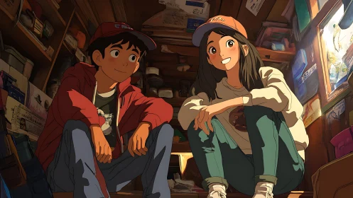 Sunlit attic hideout where baseball caps guard big dreams.