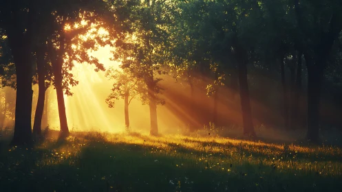 Golden sunrise beams through tranquil forest in dreamy light.