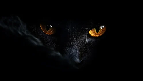 Low-key closeup isolates black cat eyes with high contrast lighting
