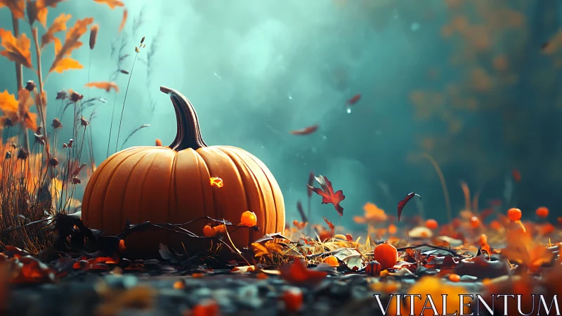 Single pumpkin in soft focus autumn forest setting.