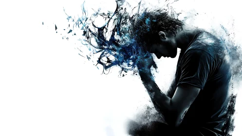 Shattered thoughts erupt as blue inkstorms crown a silhouette.