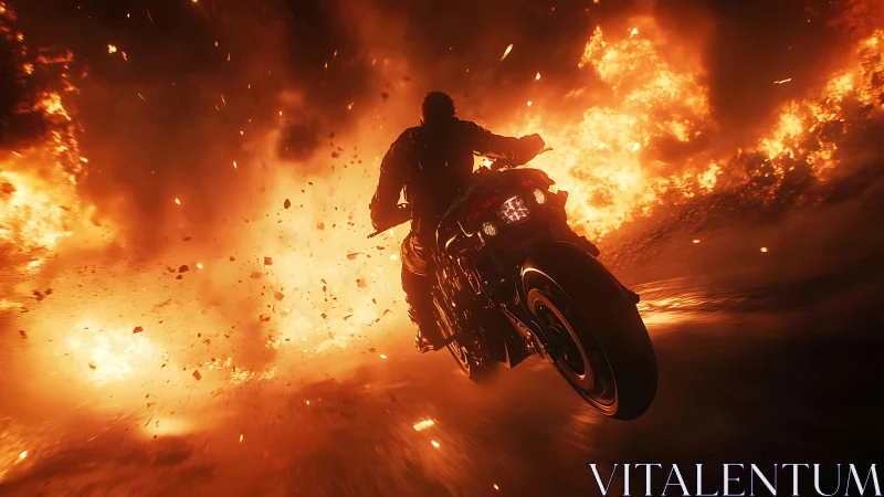 Motorcyclist moving through large explosion and fire cloud.