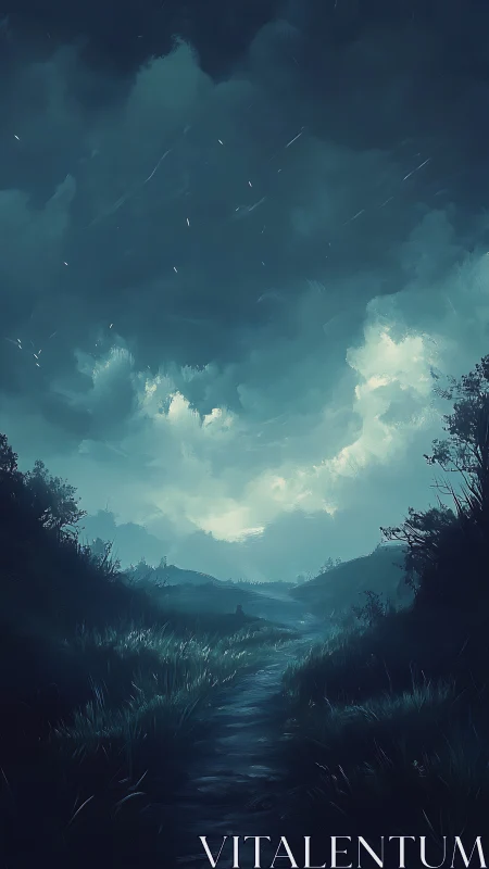 Moody night landscape with winding path and storm clouds