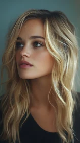 Soft light on thoughtful blonde portrait, quiet and serene.