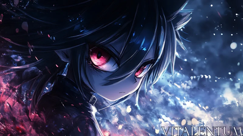 Brooding anime warrior gazes through stormlit cosmic embers