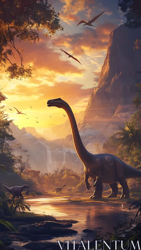 Long-necked dinosaur stands in river under orange sunset sky
