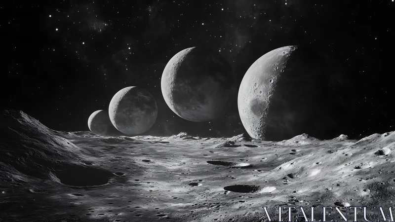 Multiple moons align above cratered lunar horizon in deep space