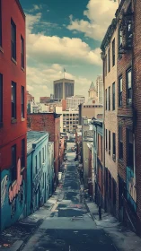 Urban alley descent toward downtown skyline under clouds.
