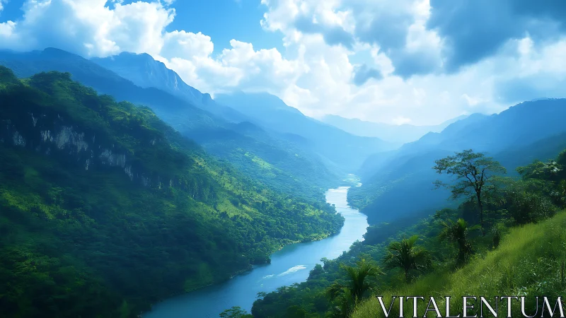 Sunlit river winds through misty emerald mountain valley