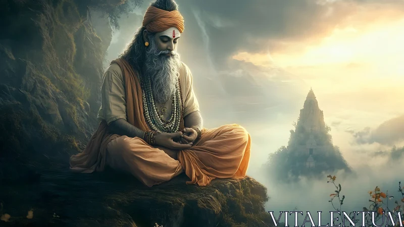 Meditating sage on cliff above misty valley temple.